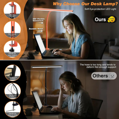 LED Desk Lamp with Clamp, 17" Stepless Dimming Light, Black