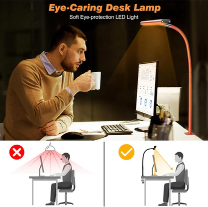 LED Desk Lamp with Clamp, 17" Stepless Dimming Light, Black