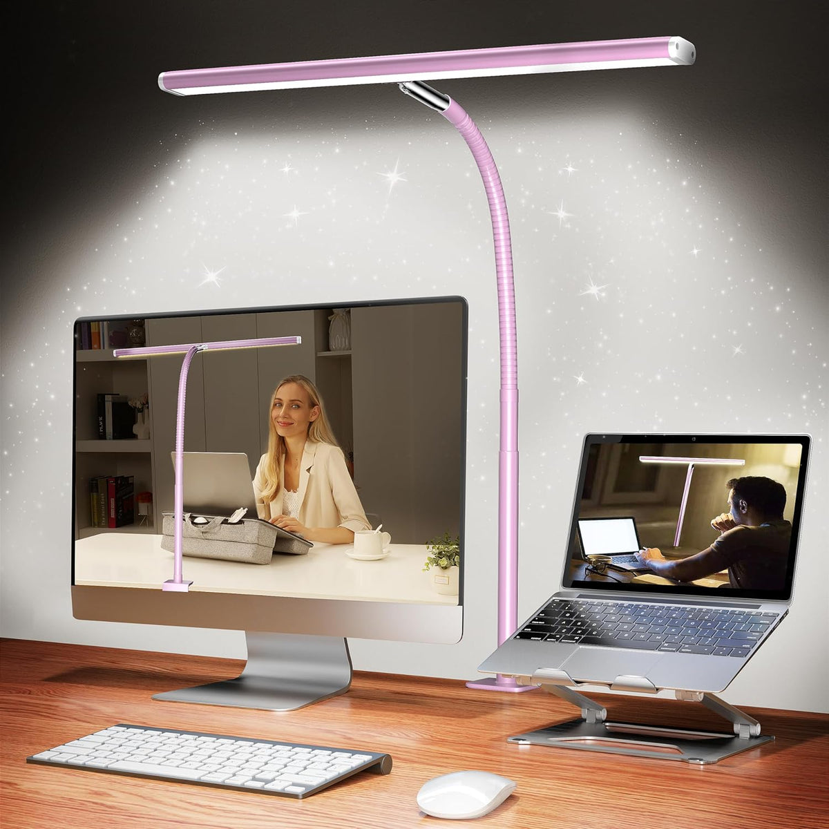 LED Desk Lamp with Clamp, 17" Stepless Dimming Light, Black