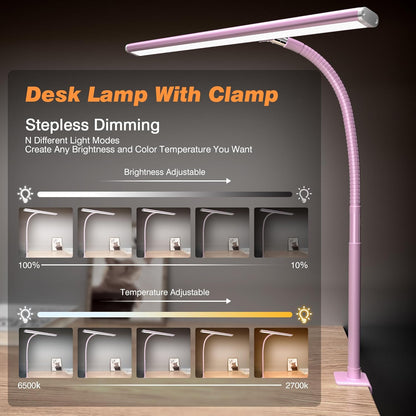LED Desk Lamp with Clamp, 17" Stepless Dimming Light, Black