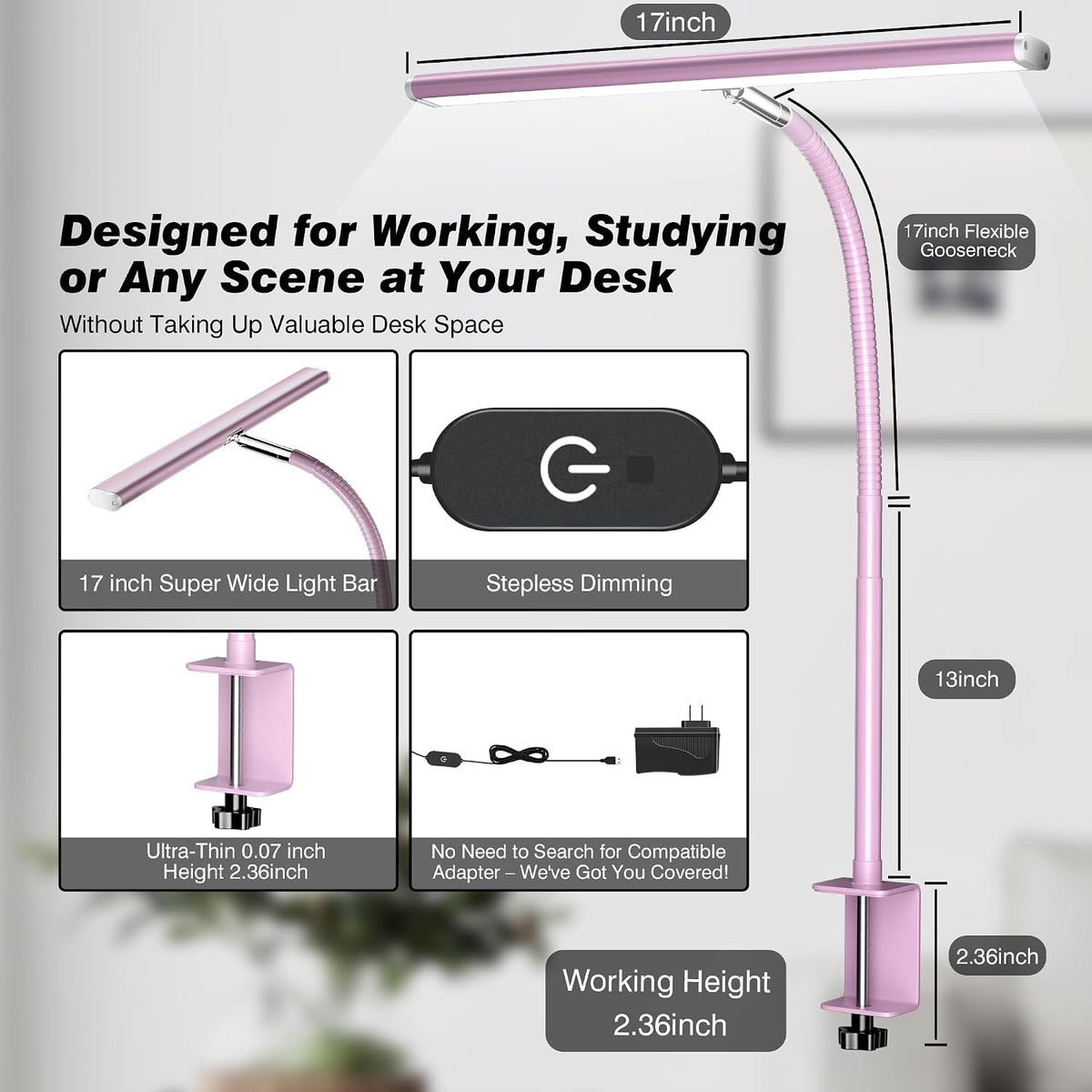 LED Desk Lamp with Clamp, 17" Stepless Dimming Light, Black