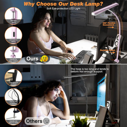 LED Desk Lamp with Clamp, 17" Stepless Dimming Light, Black