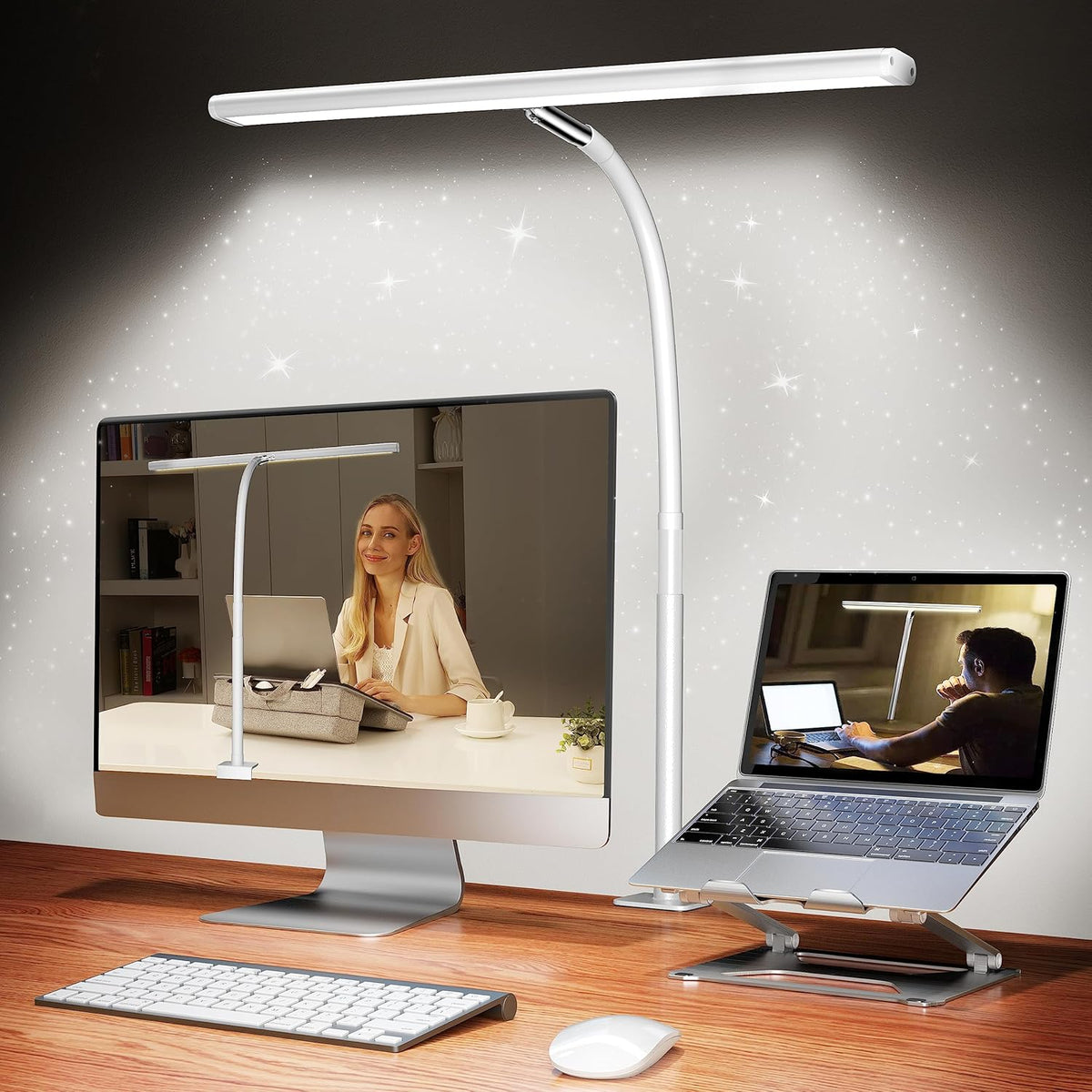 LED Desk Lamp with Clamp, 17" Stepless Dimming Light, Black