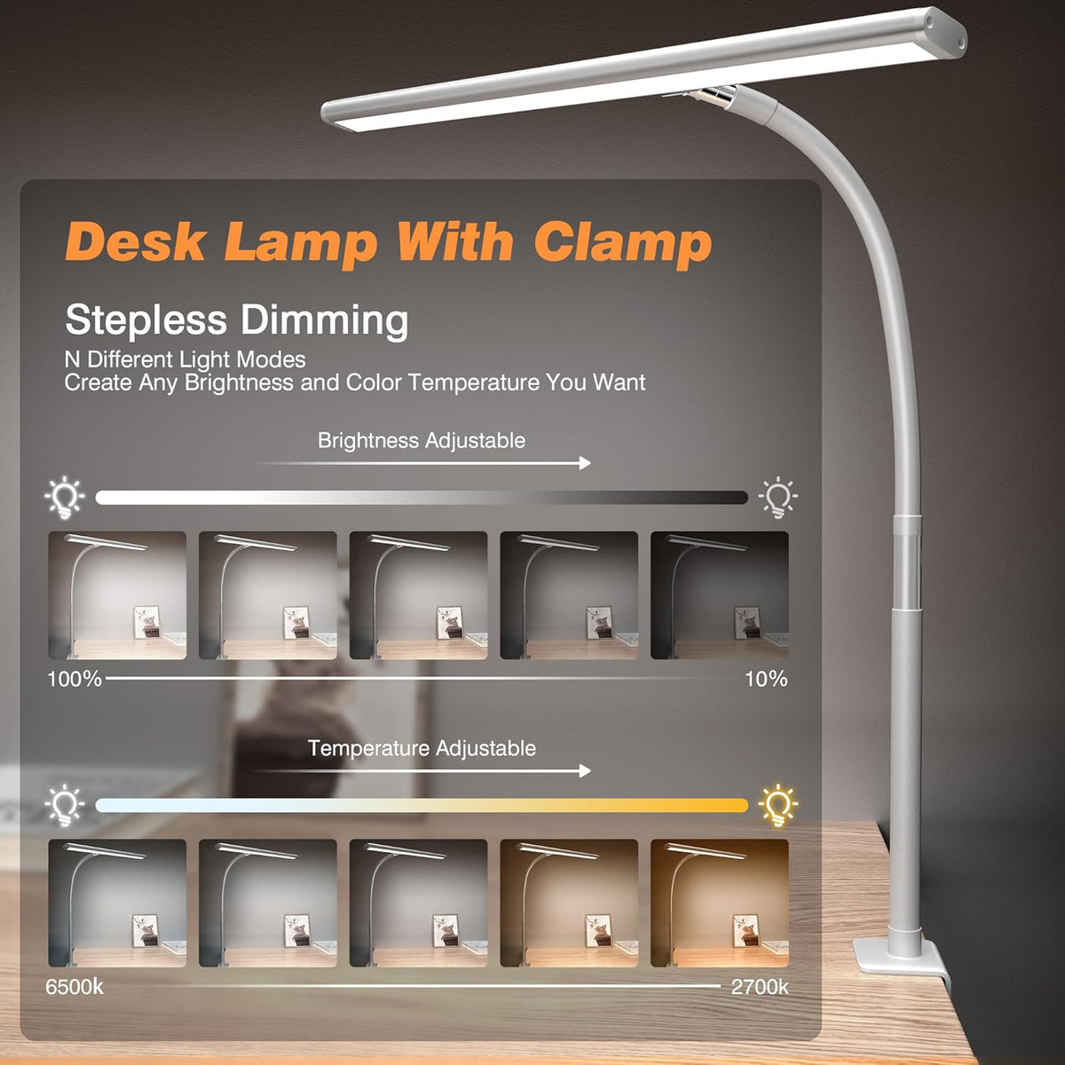 LED Desk Lamp with Clamp, 17" Stepless Dimming Light, Black