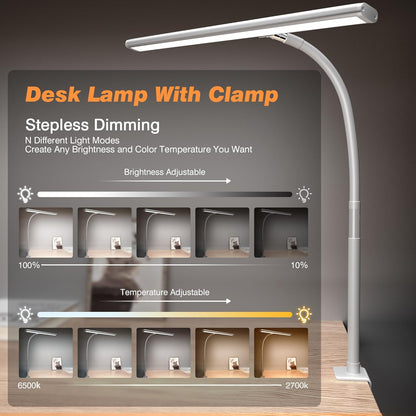 LED Desk Lamp with Clamp, 17" Stepless Dimming Light, Black