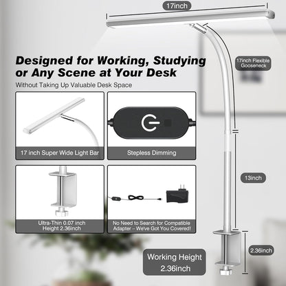 LED Desk Lamp with Clamp, 17" Stepless Dimming Light, Black