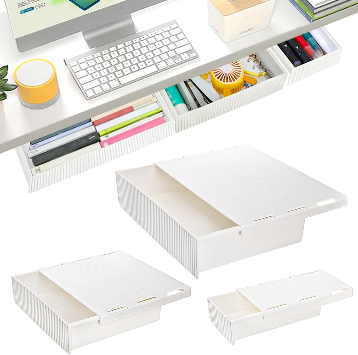 3 Pack Under Desk Drawer Slide Out, Self-Adhesive Under Table Drawer, Hidden Attachable Under Desk Storage Drawers, Stick on Drawers for Office, Home, School, White
