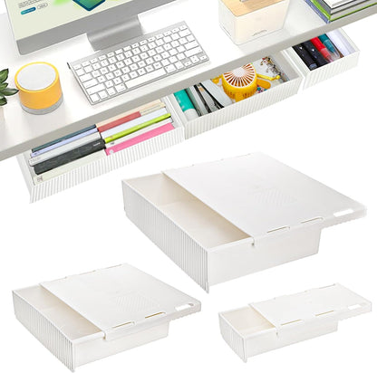 3 Pack Under Desk Drawer Slide Out, Self-Adhesive Under Table Drawer, Hidden Attachable Under Desk Storage Drawers, Stick on Drawers for Office, Home, School, White