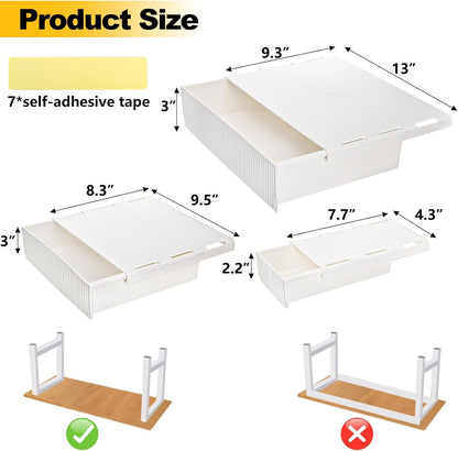 3 Pack Under Desk Drawer Slide Out, Self-Adhesive Under Table Drawer, Hidden Attachable Under Desk Storage Drawers, Stick on Drawers for Office, Home, School, White