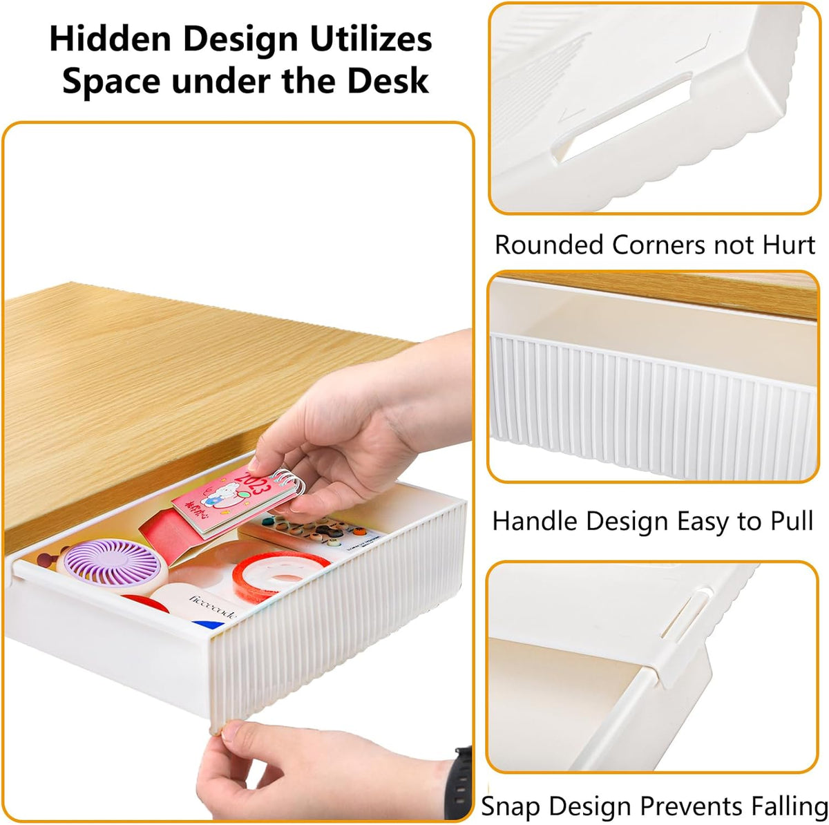 3 Pack Under Desk Drawer Slide Out, Self-Adhesive Under Table Drawer, Hidden Attachable Under Desk Storage Drawers, Stick on Drawers for Office, Home, School, White