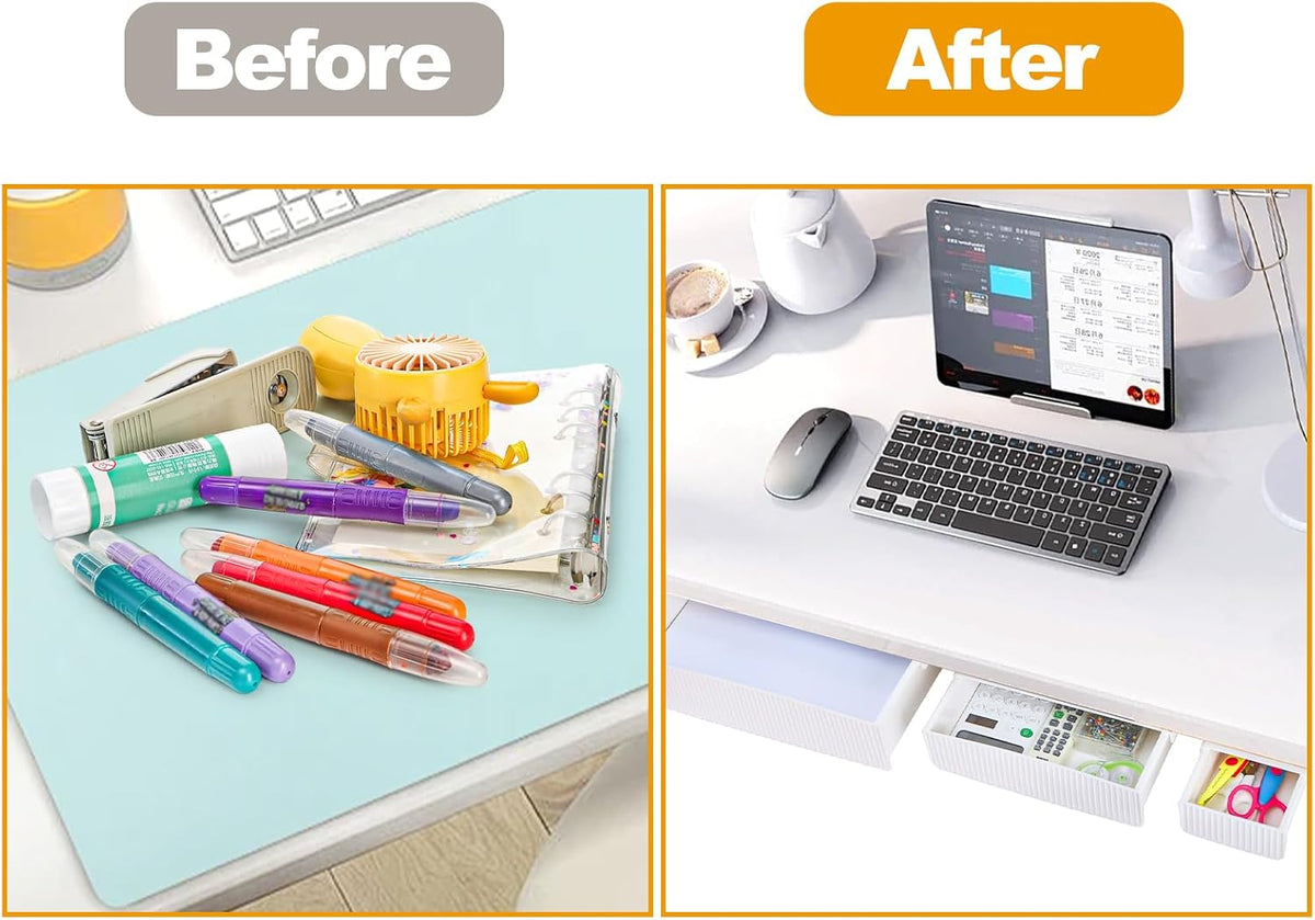3 Pack Under Desk Drawer Slide Out, Self-Adhesive Under Table Drawer, Hidden Attachable Under Desk Storage Drawers, Stick on Drawers for Office, Home, School, White