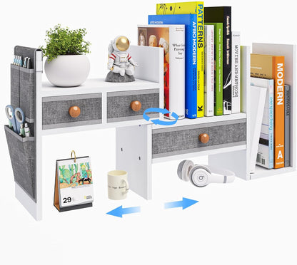 Adjustable Desk Shelves for Storage, Desktop Bookshelf with 3 Drawers, White Wood Desk Shelf for Top of Desk, Corner Desktop Organizer for Women Office