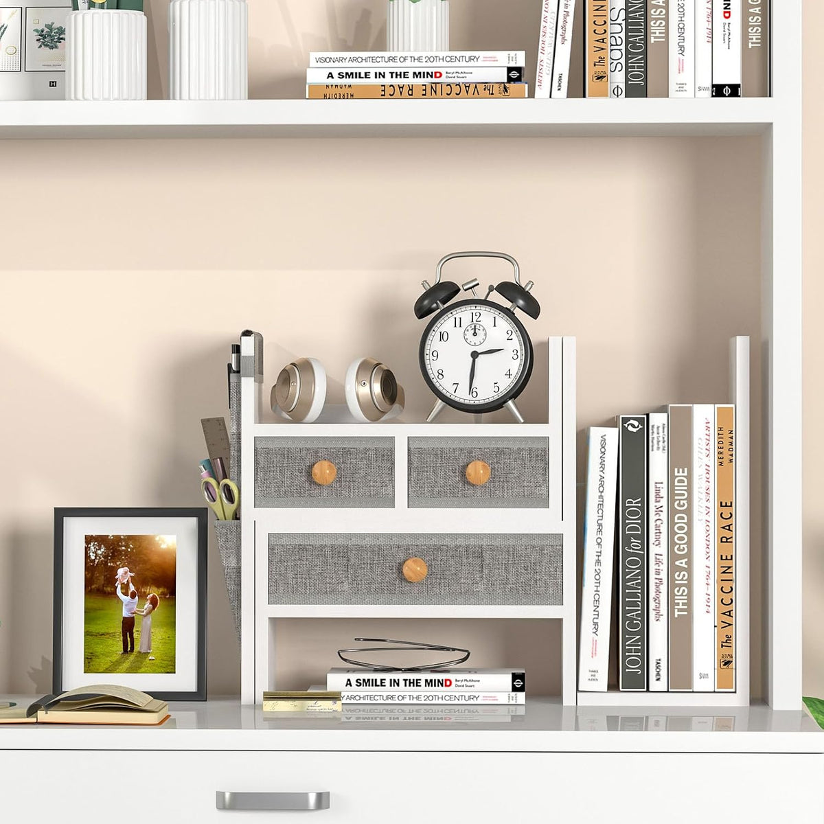 Adjustable Desk Shelves for Storage, Desktop Bookshelf with 3 Drawers, White Wood Desk Shelf for Top of Desk, Corner Desktop Organizer for Women Office