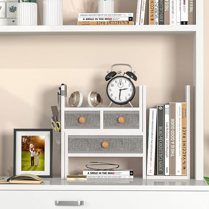 Adjustable Desk Shelves for Storage, Desktop Bookshelf with 3 Drawers, White Wood Desk Shelf for Top of Desk, Corner Desktop Organizer for Women Office