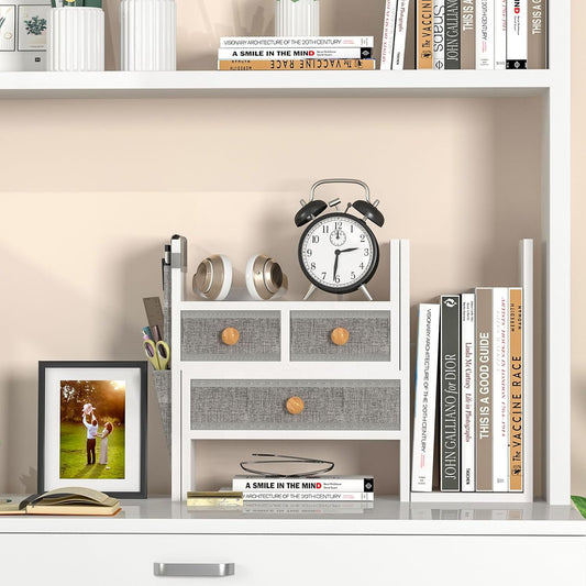 Adjustable Desk Shelves for Storage, Desktop Bookshelf with 3 Drawers, White Wood Desk Shelf for Top of Desk, Corner Desktop Organizer for Women Office