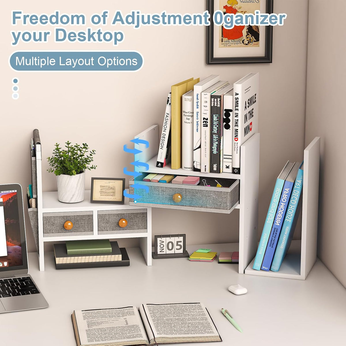 Adjustable Desk Shelves for Storage, Desktop Bookshelf with 3 Drawers, White Wood Desk Shelf for Top of Desk, Corner Desktop Organizer for Women Office