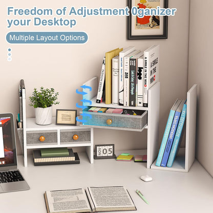 Adjustable Desk Shelves for Storage, Desktop Bookshelf with 3 Drawers, White Wood Desk Shelf for Top of Desk, Corner Desktop Organizer for Women Office