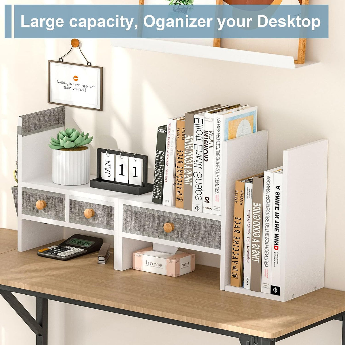 Adjustable Desk Shelves for Storage, Desktop Bookshelf with 3 Drawers, White Wood Desk Shelf for Top of Desk, Corner Desktop Organizer for Women Office