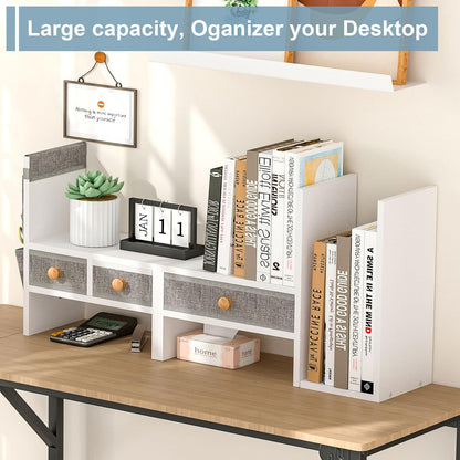 Adjustable Desk Shelves for Storage, Desktop Bookshelf with 3 Drawers, White Wood Desk Shelf for Top of Desk, Corner Desktop Organizer for Women Office
