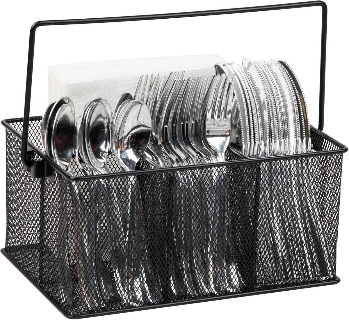 Multi-purpose Storage Caddy with Handle, Desktop Organizer, Cutlery Holder, 4 Compartments, Metal Mesh, Black