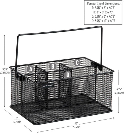 Multi-purpose Storage Caddy with Handle, Desktop Organizer, Cutlery Holder, 4 Compartments, Metal Mesh, Black