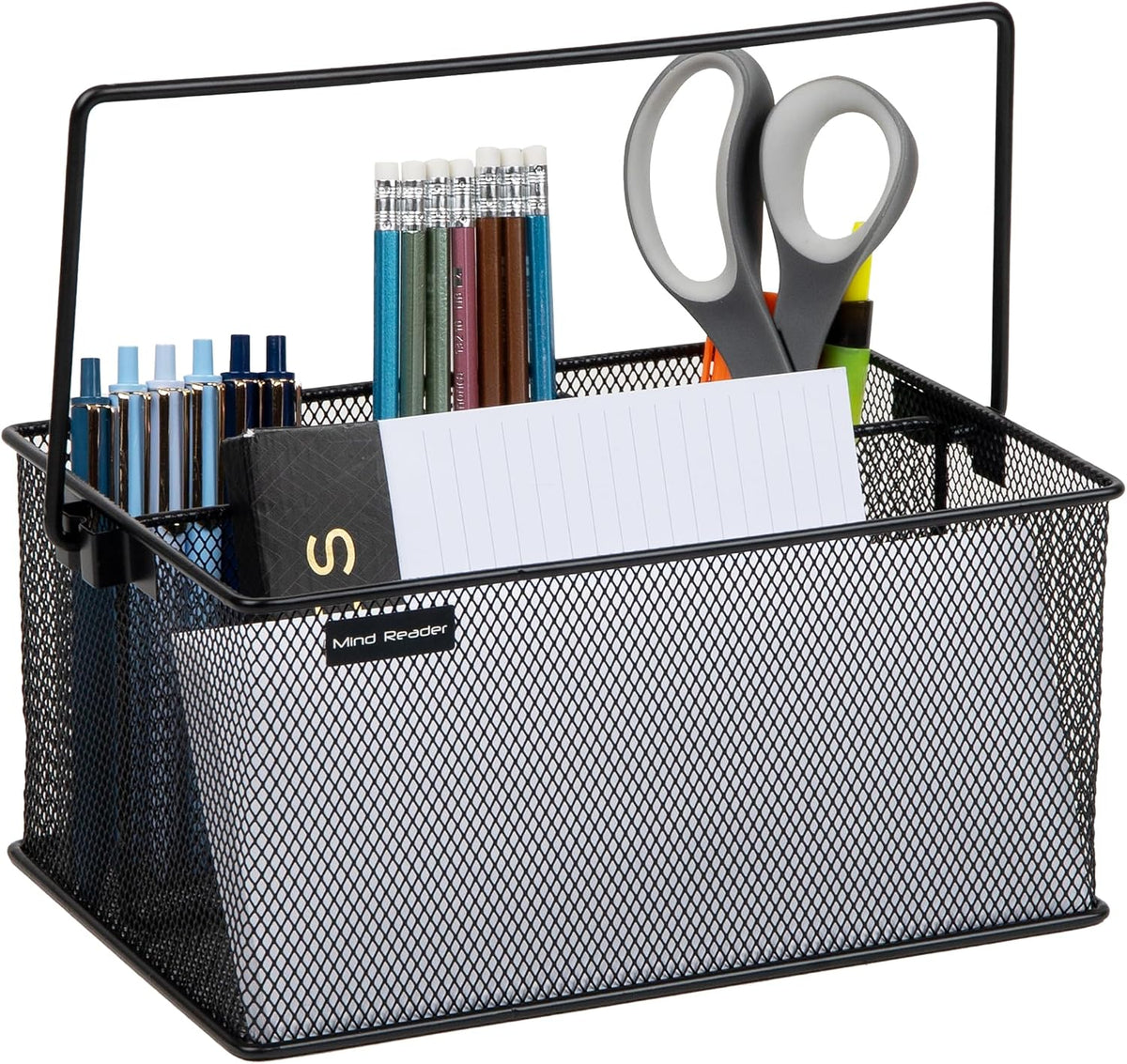 Multi-purpose Storage Caddy with Handle, Desktop Organizer, Cutlery Holder, 4 Compartments, Metal Mesh, Black