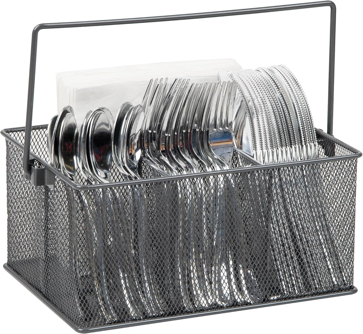 Multi-purpose Storage Caddy with Handle, Desktop Organizer, Cutlery Holder, 4 Compartments, Metal Mesh, Black