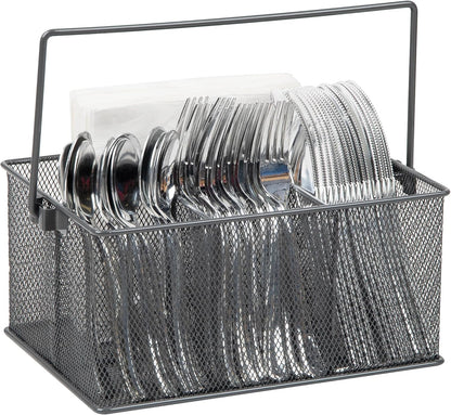 Multi-purpose Storage Caddy with Handle, Desktop Organizer, Cutlery Holder, 4 Compartments, Metal Mesh, Black