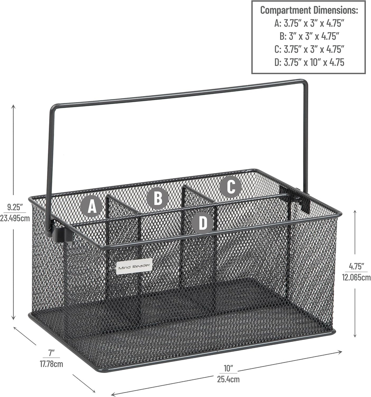 Multi-purpose Storage Caddy with Handle, Desktop Organizer, Cutlery Holder, 4 Compartments, Metal Mesh, Black