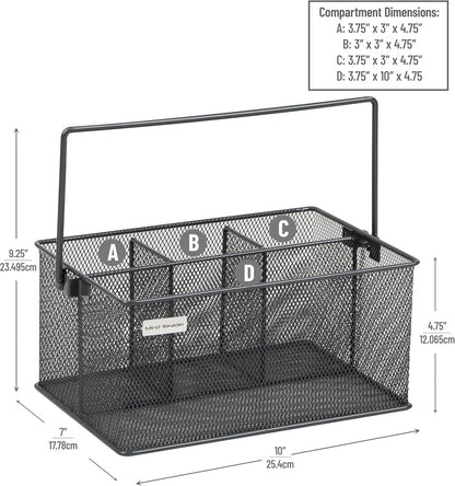Multi-purpose Storage Caddy with Handle, Desktop Organizer, Cutlery Holder, 4 Compartments, Metal Mesh, Black