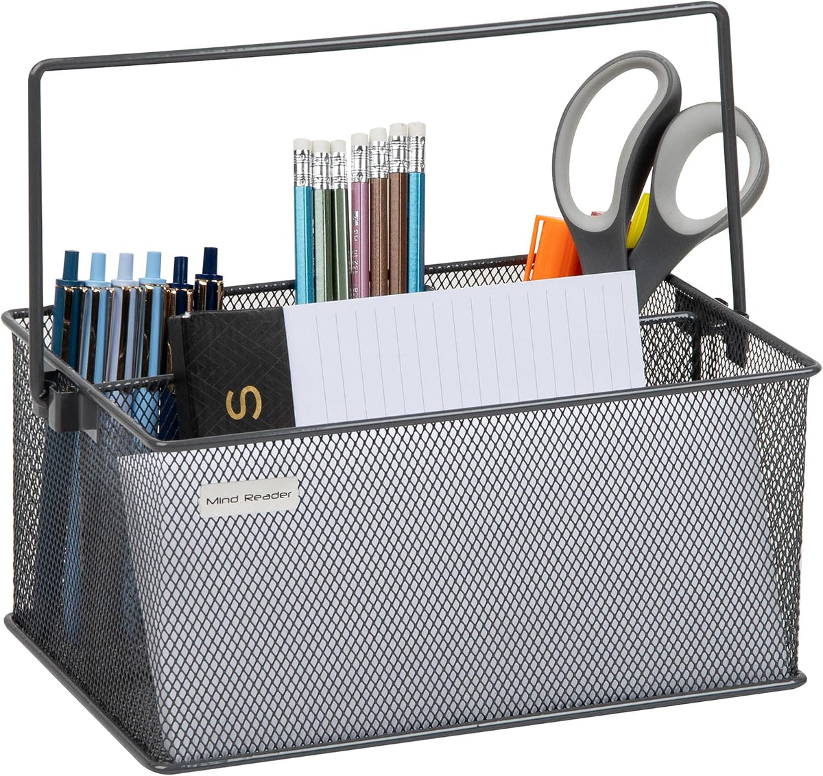 Multi-purpose Storage Caddy with Handle, Desktop Organizer, Cutlery Holder, 4 Compartments, Metal Mesh, Black