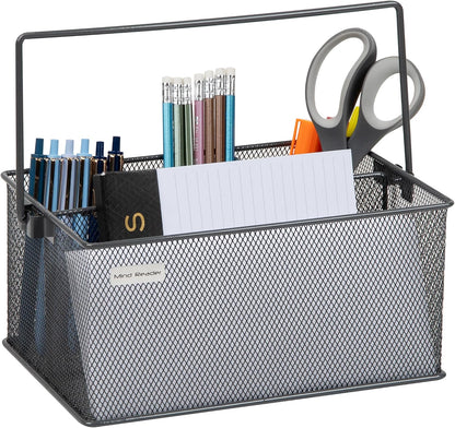 Multi-purpose Storage Caddy with Handle, Desktop Organizer, Cutlery Holder, 4 Compartments, Metal Mesh, Black