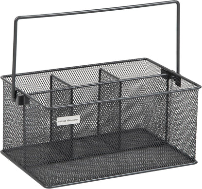 Multi-purpose Storage Caddy with Handle, Desktop Organizer, Cutlery Holder, 4 Compartments, Metal Mesh, Black