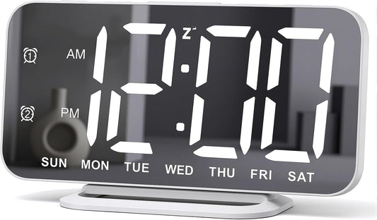 Slim LED Digital Alarm Clock, Mirror Surface for Makeup, with Diming, Large Display, Easy Setting, USB Charger Ports, Modern Bedroom, Desk, Office Living Room Decor, Christmas Birthday for Women Girl