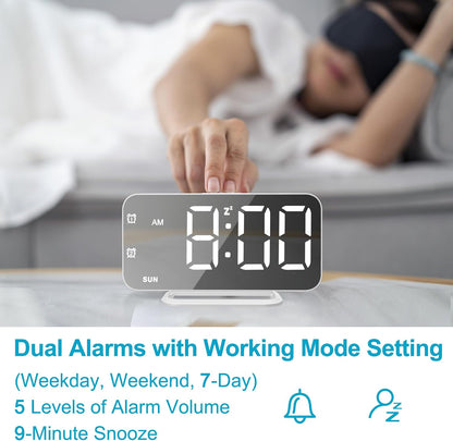 Slim LED Digital Alarm Clock, Mirror Surface for Makeup, with Diming, Large Display, Easy Setting, USB Charger Ports, Modern Bedroom, Desk, Office Living Room Decor, Christmas Birthday for Women Girl