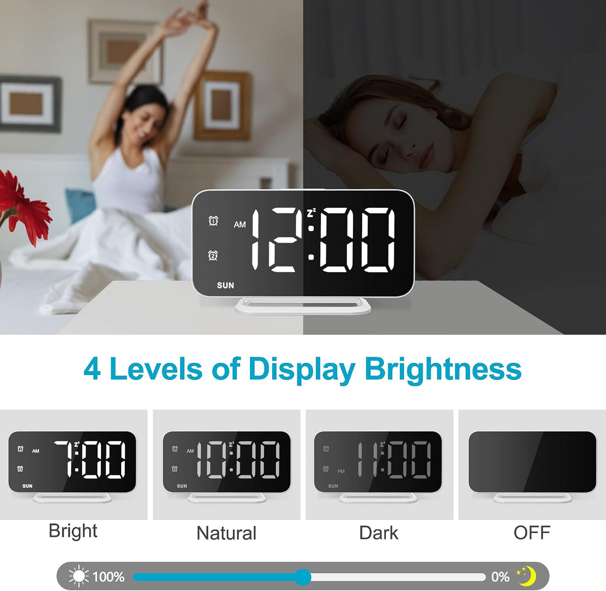 Slim LED Digital Alarm Clock, Mirror Surface for Makeup, with Diming, Large Display, Easy Setting, USB Charger Ports, Modern Bedroom, Desk, Office Living Room Decor, Christmas Birthday for Women Girl