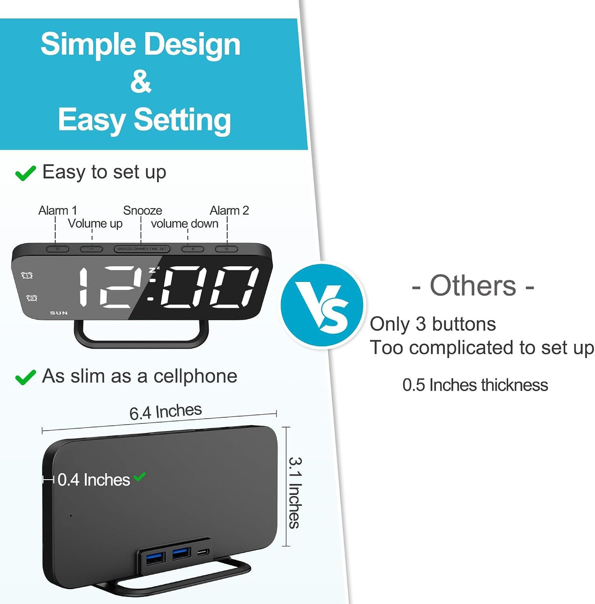Slim LED Digital Alarm Clock, Mirror Surface for Makeup, with Diming, Large Display, Easy Setting, USB Charger Ports, Modern Bedroom, Desk, Office Living Room Decor, Christmas Birthday for Women Girl