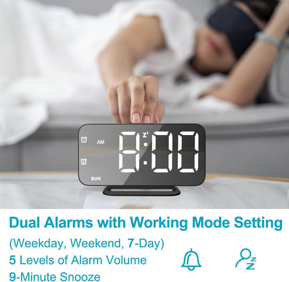 Slim LED Digital Alarm Clock, Mirror Surface for Makeup, with Diming, Large Display, Easy Setting, USB Charger Ports, Modern Bedroom, Desk, Office Living Room Decor, Christmas Birthday for Women Girl