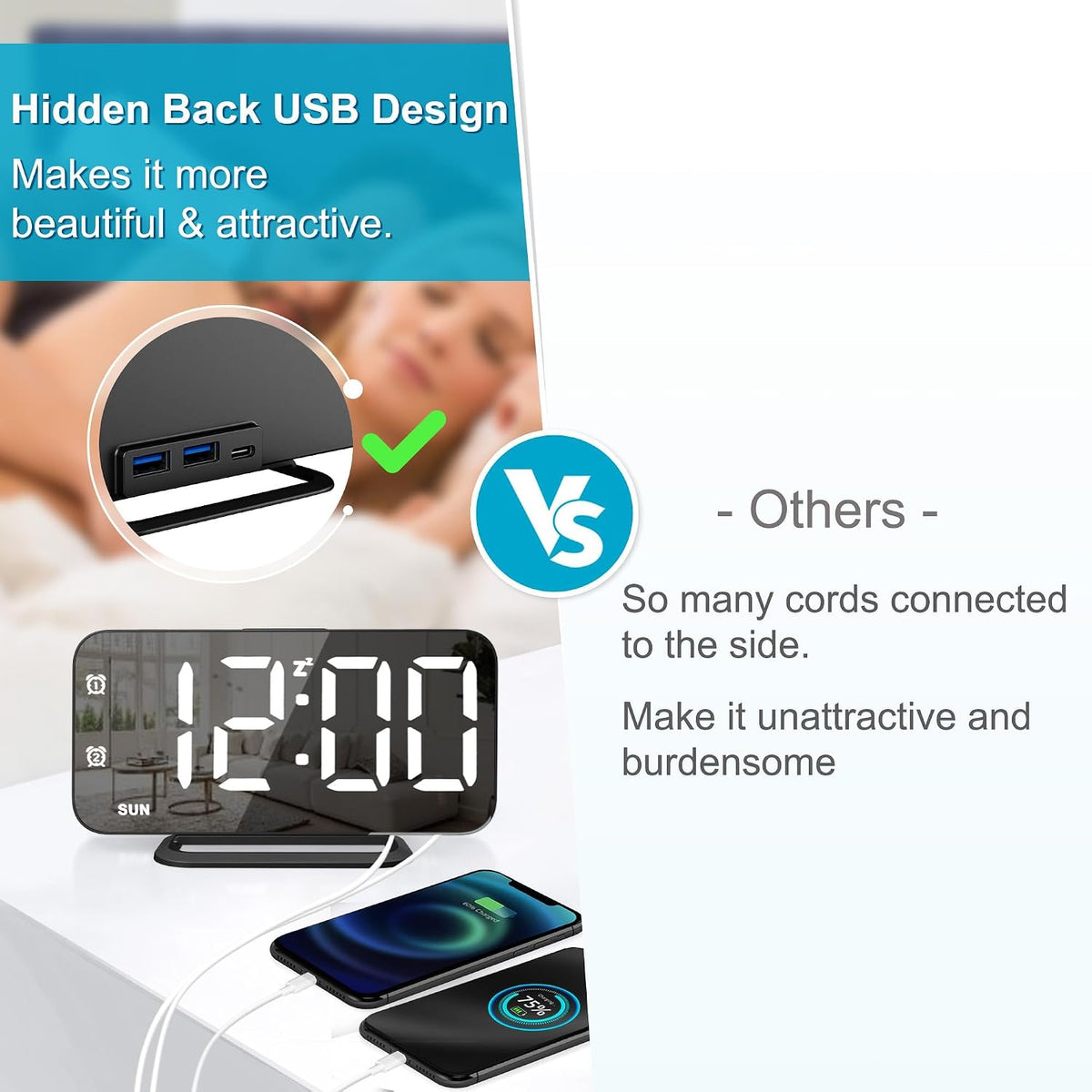Slim LED Digital Alarm Clock, Mirror Surface for Makeup, with Diming, Large Display, Easy Setting, USB Charger Ports, Modern Bedroom, Desk, Office Living Room Decor, Christmas Birthday for Women Girl