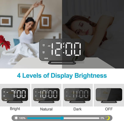 Slim LED Digital Alarm Clock, Mirror Surface for Makeup, with Diming, Large Display, Easy Setting, USB Charger Ports, Modern Bedroom, Desk, Office Living Room Decor, Christmas Birthday for Women Girl