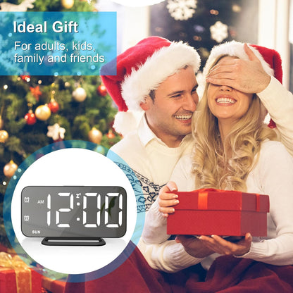 Slim LED Digital Alarm Clock, Mirror Surface for Makeup, with Diming, Large Display, Easy Setting, USB Charger Ports, Modern Bedroom, Desk, Office Living Room Decor, Christmas Birthday for Women Girl