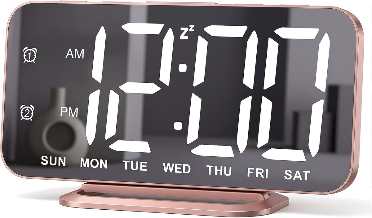 Slim LED Digital Alarm Clock, Mirror Surface for Makeup, with Diming, Large Display, Easy Setting, USB Charger Ports, Modern Bedroom, Desk, Office Living Room Decor, Christmas Birthday for Women Girl
