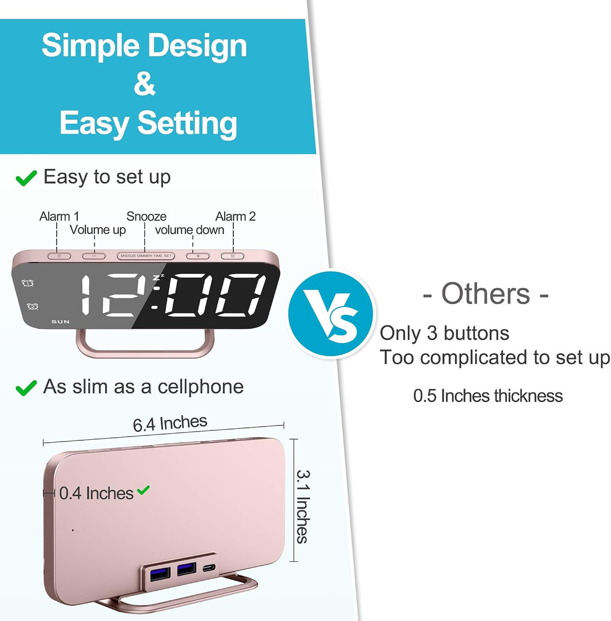 Slim LED Digital Alarm Clock, Mirror Surface for Makeup, with Diming, Large Display, Easy Setting, USB Charger Ports, Modern Bedroom, Desk, Office Living Room Decor, Christmas Birthday for Women Girl
