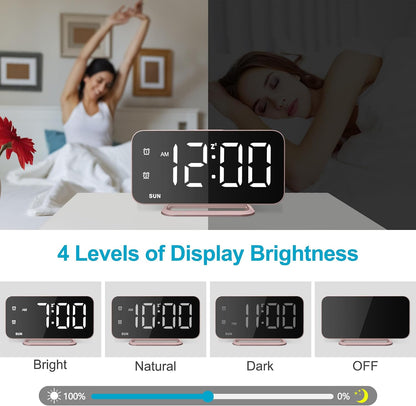 Slim LED Digital Alarm Clock, Mirror Surface for Makeup, with Diming, Large Display, Easy Setting, USB Charger Ports, Modern Bedroom, Desk, Office Living Room Decor, Christmas Birthday for Women Girl