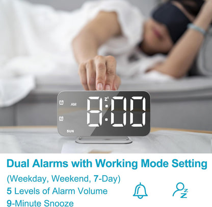 Slim LED Digital Alarm Clock, Mirror Surface for Makeup, with Diming, Large Display, Easy Setting, USB Charger Ports, Modern Bedroom, Desk, Office Living Room Decor, Christmas Birthday for Women Girl