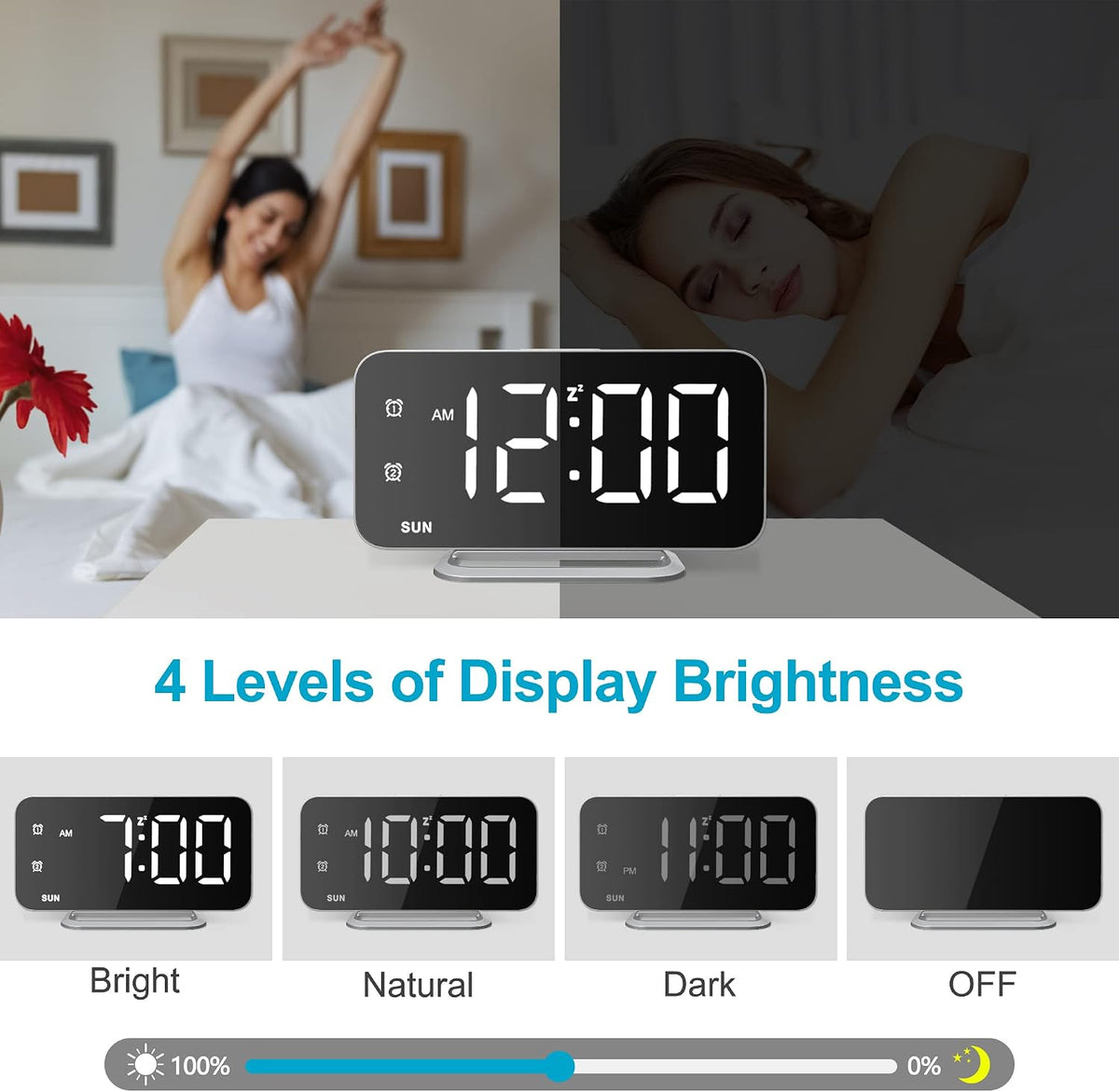 Slim LED Digital Alarm Clock, Mirror Surface for Makeup, with Diming, Large Display, Easy Setting, USB Charger Ports, Modern Bedroom, Desk, Office Living Room Decor, Christmas Birthday for Women Girl