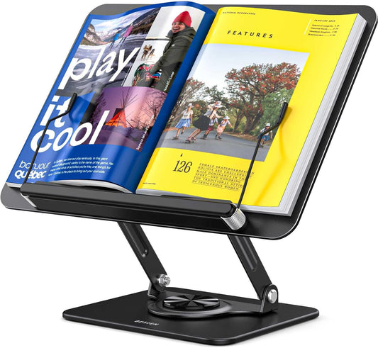 BS02 Book Stand for Reading, Adjustable Book Holder, Ergonomic Laptop Stand, Cookbook Stand, Recipe Book Holder with Elastic Page Clips for Music Scores, Recipe, Tablet