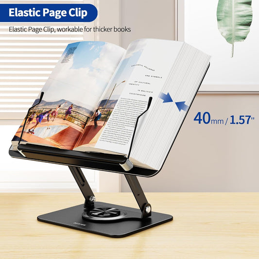 BS02 Book Stand for Reading, Adjustable Book Holder, Ergonomic Laptop Stand, Cookbook Stand, Recipe Book Holder with Elastic Page Clips for Music Scores, Recipe, Tablet