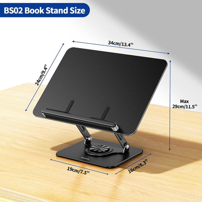 BS02 Book Stand for Reading, Adjustable Book Holder, Ergonomic Laptop Stand, Cookbook Stand, Recipe Book Holder with Elastic Page Clips for Music Scores, Recipe, Tablet