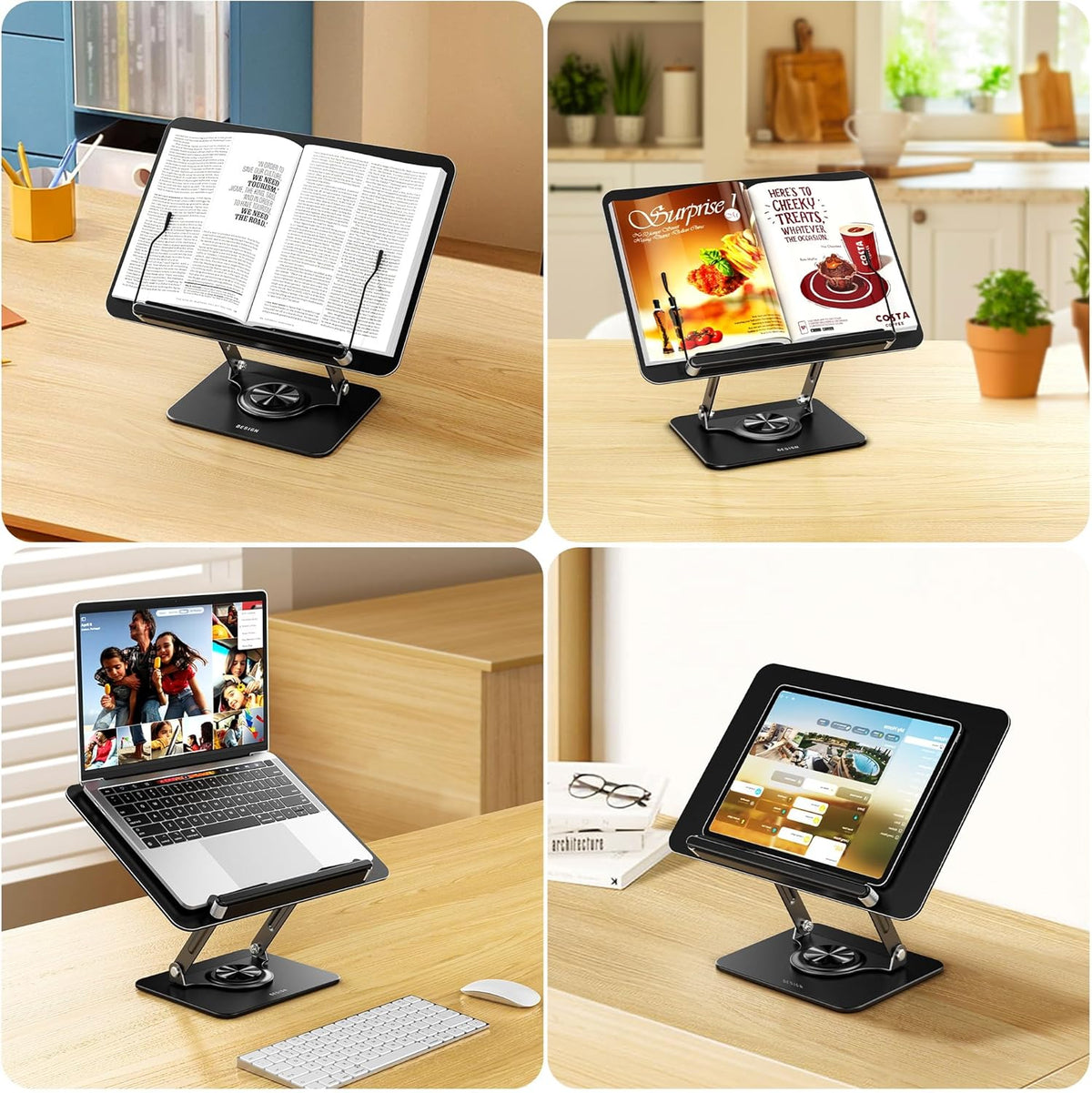 BS02 Book Stand for Reading, Adjustable Book Holder, Ergonomic Laptop Stand, Cookbook Stand, Recipe Book Holder with Elastic Page Clips for Music Scores, Recipe, Tablet